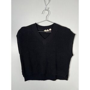 Vintage Black Shaker Knit V-Neck Sweater Vest Cropped Boxy Minimalist Small‎